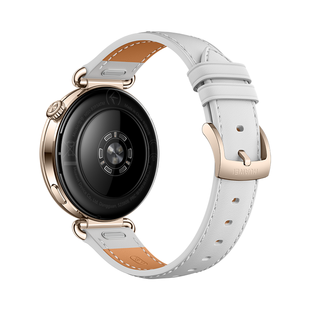 Retro di uno smartwatch in oro rosa con cinturino in pelle bianca su sfondo nero.