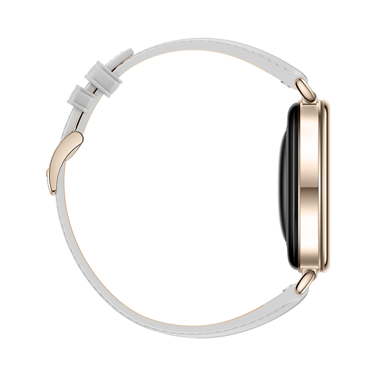 Vista laterale di uno smartwatch con cassa dorata e cinturino in pelle bianca su sfondo nero.