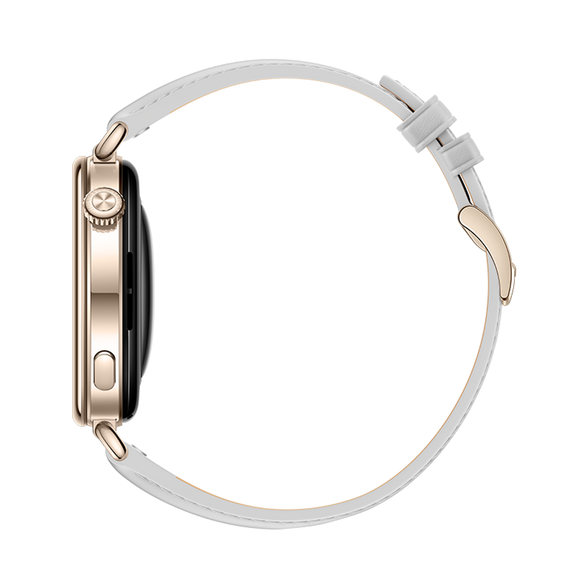 Vista laterale di uno smartwatch oro con cinturino in pelle bianca su sfondo nero.