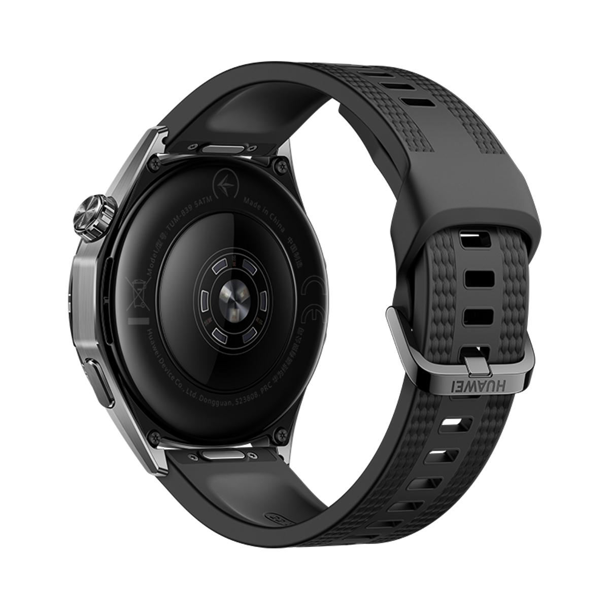 Dos d'une montre connectée noire avec capteurs et bracelet texturé.