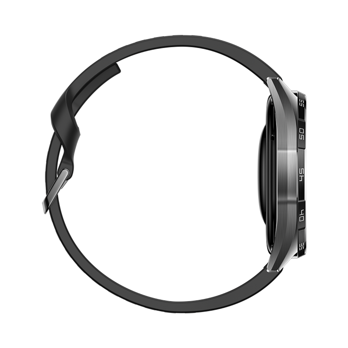 Vue latérale d'une montre connectée avec bracelet en silicone noir et boîtier en métal argenté sur fond noir.