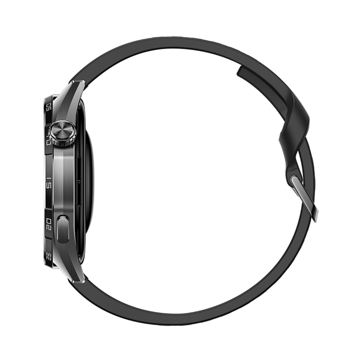 Vue de profil d'une montre connectée noire avec lunette en métal et bracelet en caoutchouc sur fond noir.