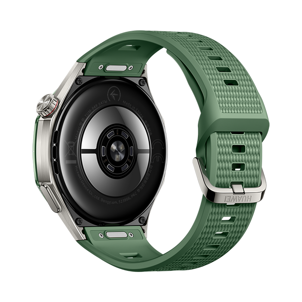 Retro di uno smartwatch con cinturino in silicone verde e cassa argentata su sfondo nero.