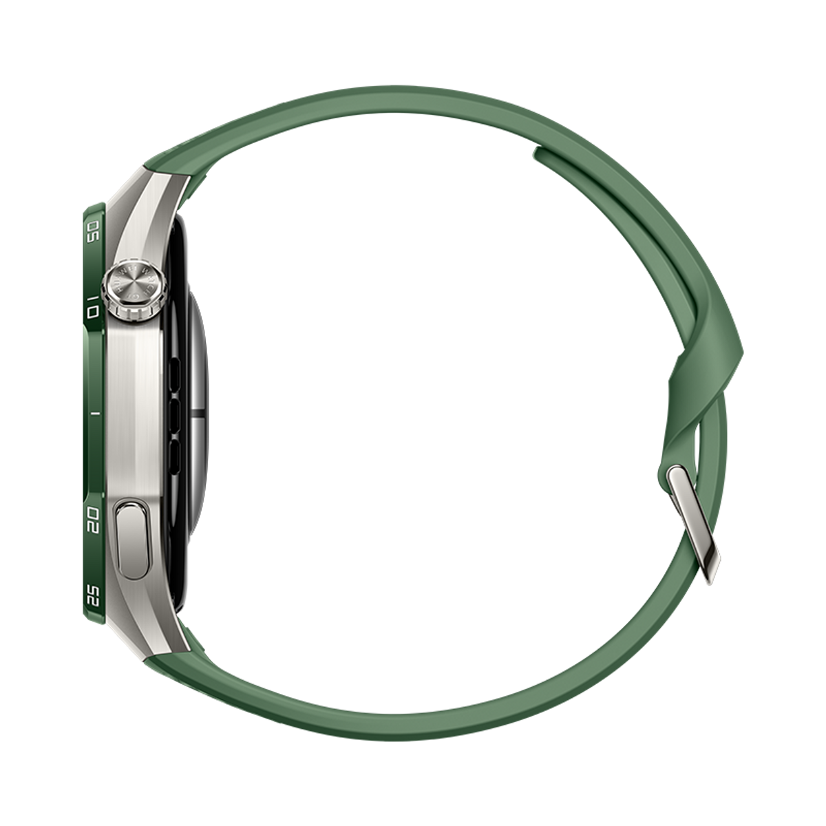 Vista laterale di uno smartwatch con cinturino verde e cassa argentata su sfondo nero.