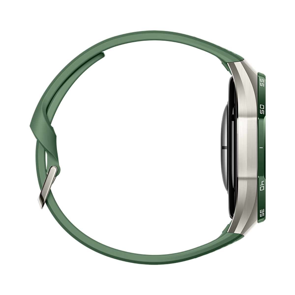 Vista laterale di uno smartwatch con cinturino verde e cassa argentata su sfondo nero.