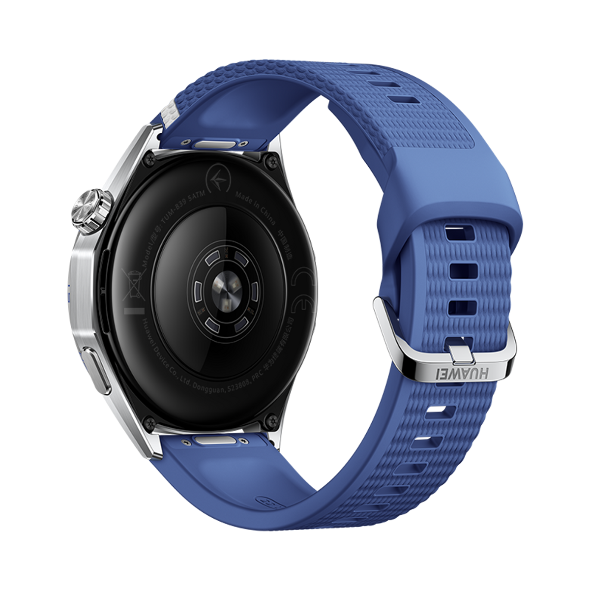Vista posteriore di uno smartwatch argento con cinturino in gomma blu.