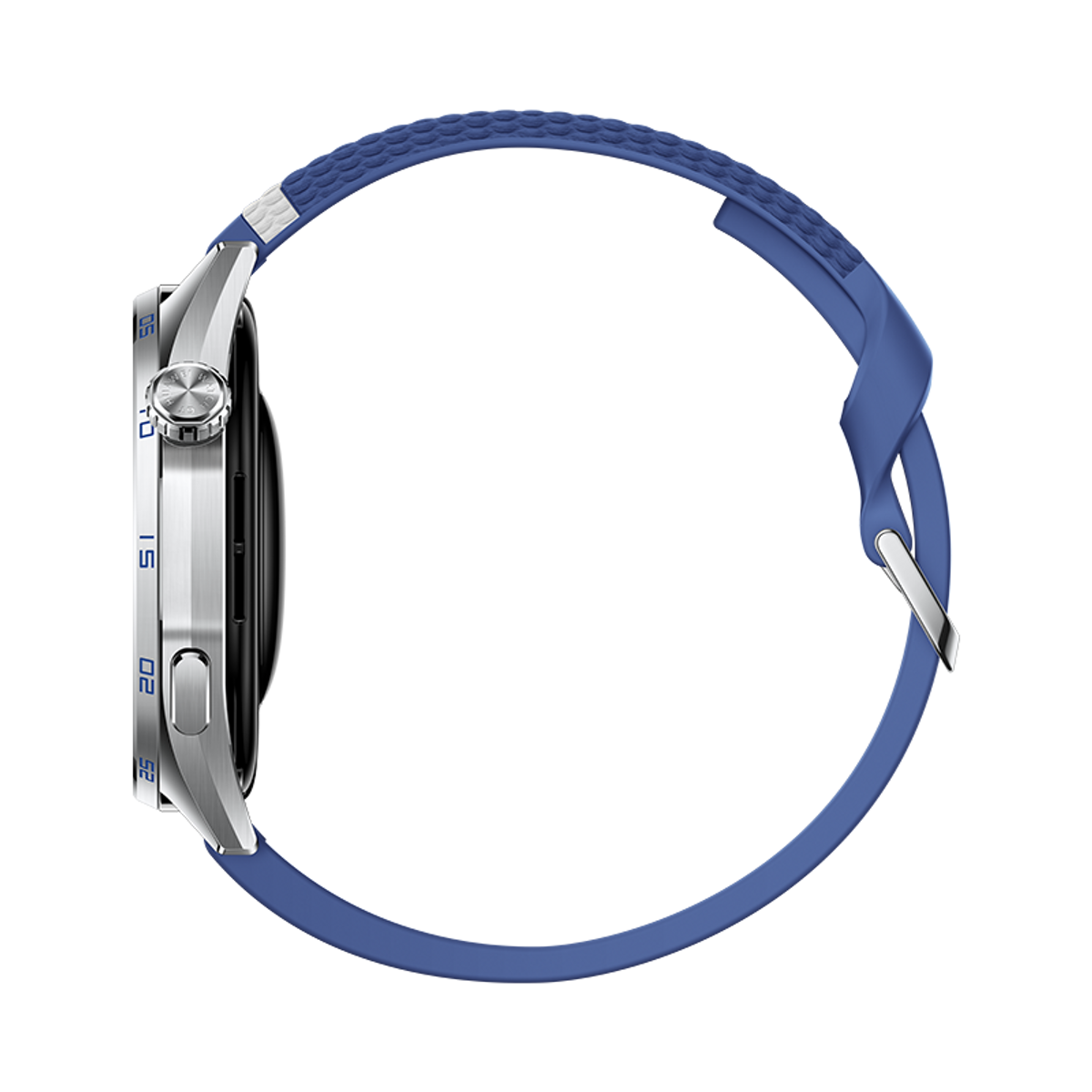 Vista laterale di uno smartwatch con cassa in metallo argentato e cinturino blu testurizzato su sfondo nero.