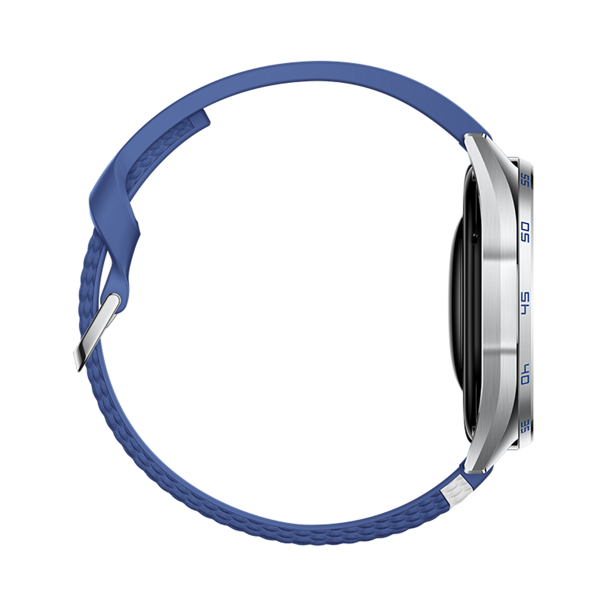 Uno smartwatch con cassa argentata e cinturino blu su sfondo nero.