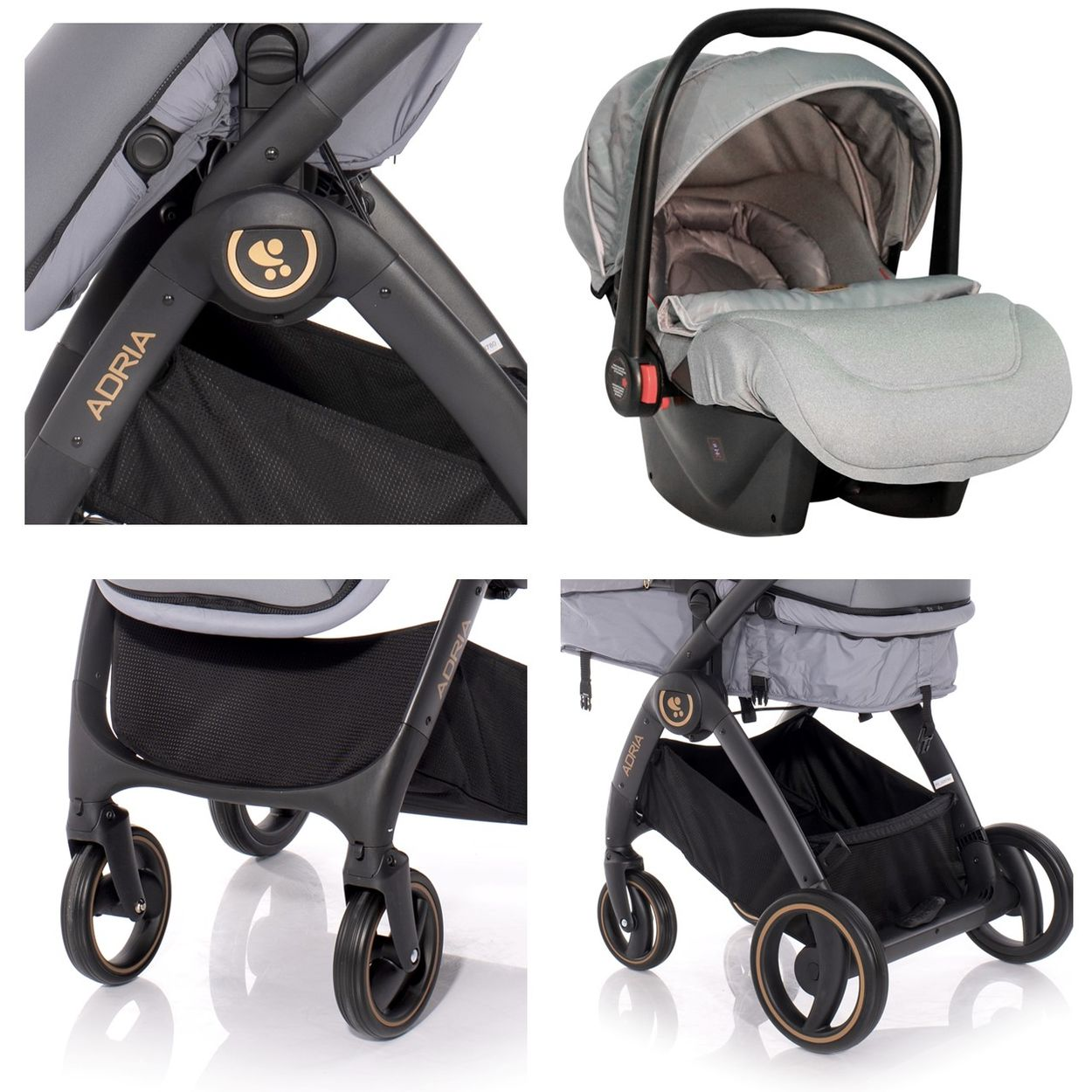 Vier Detailaufnahmen eines grauen Adria Kinderwagens mit schwarzem Gestell, Stoffkörben und Rädern.