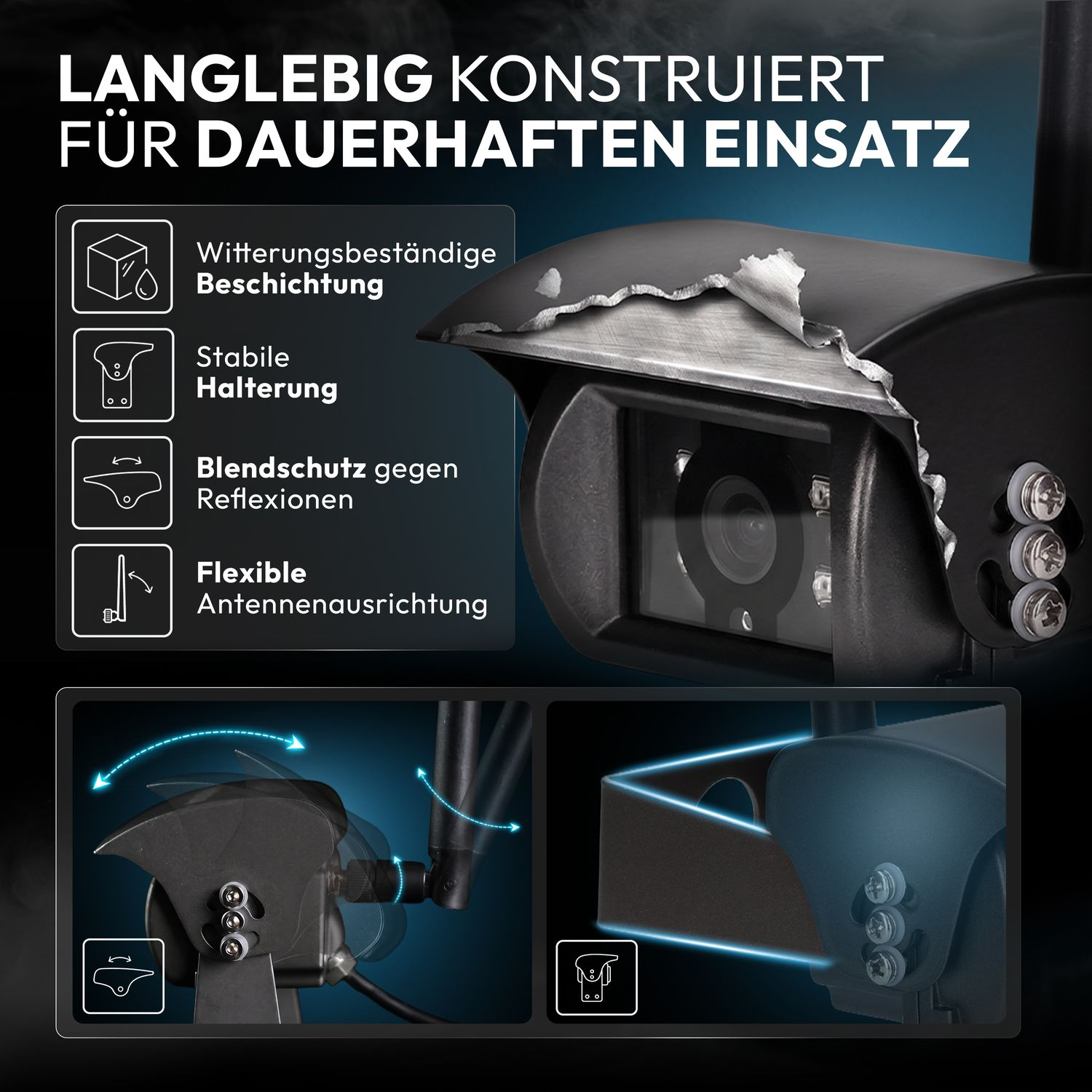 Langlebige Überwachungskamera mit wetterfester Beschichtung und stabilen Halterungen.