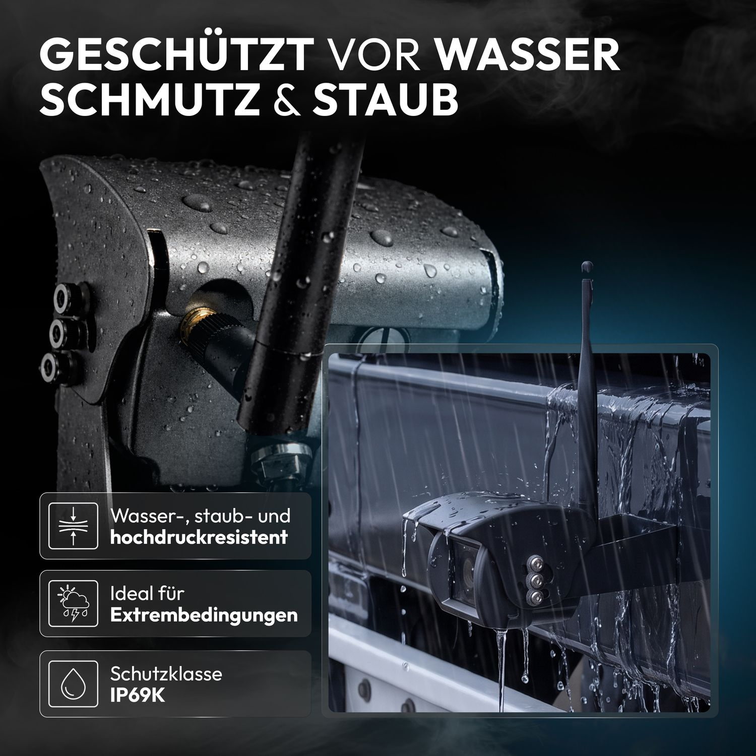 Wasserdichte, staubresistente IP69K Kamera im Ausseneinsatz mit Wassertropfen.