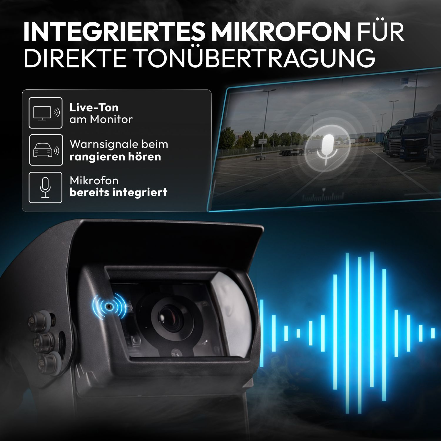 Rückfahrkamera mit integriertem Mikrofon und blauen Audio-Wellenformen.