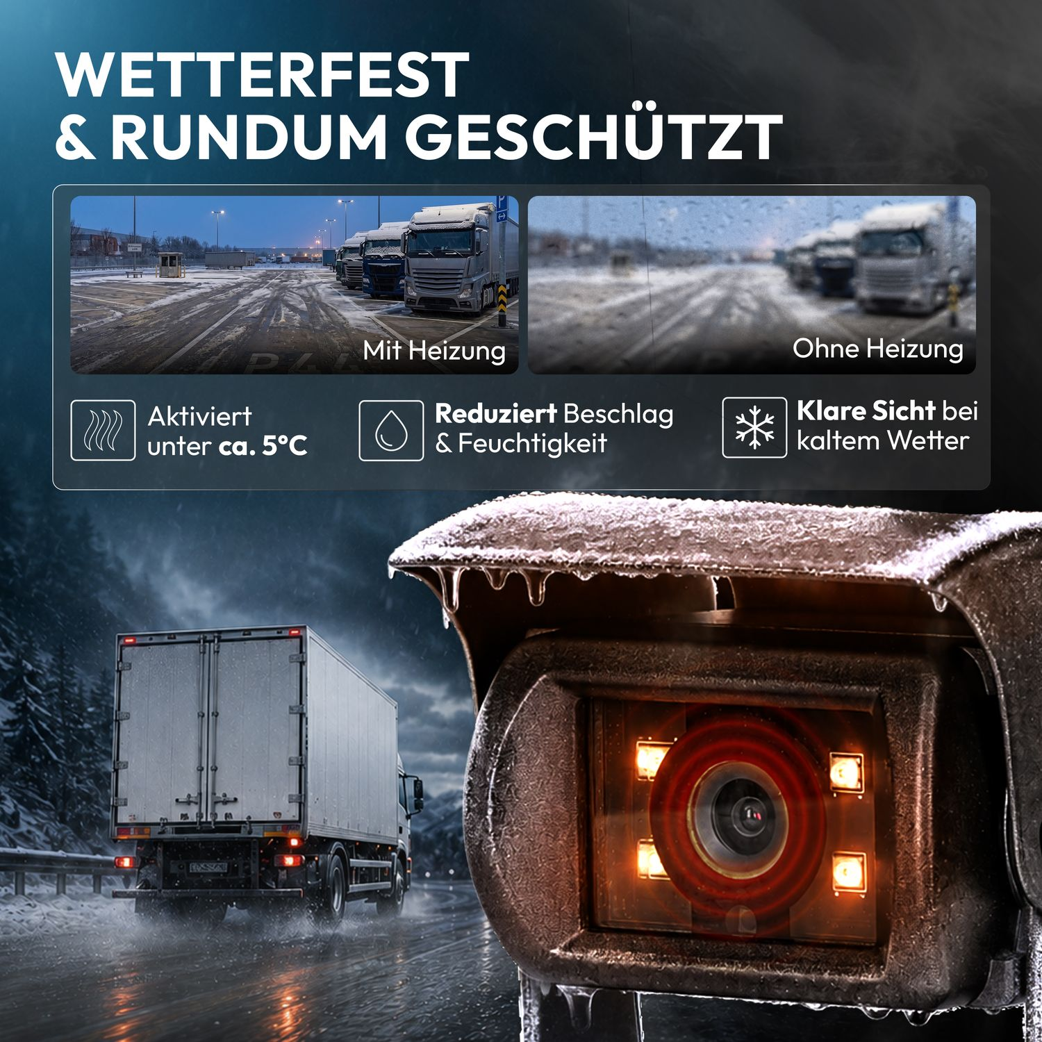 Wetterfeste Überwachungskamera mit Heizung zeigt klare Sicht bei Schnee und Frost vor einem Lkw.