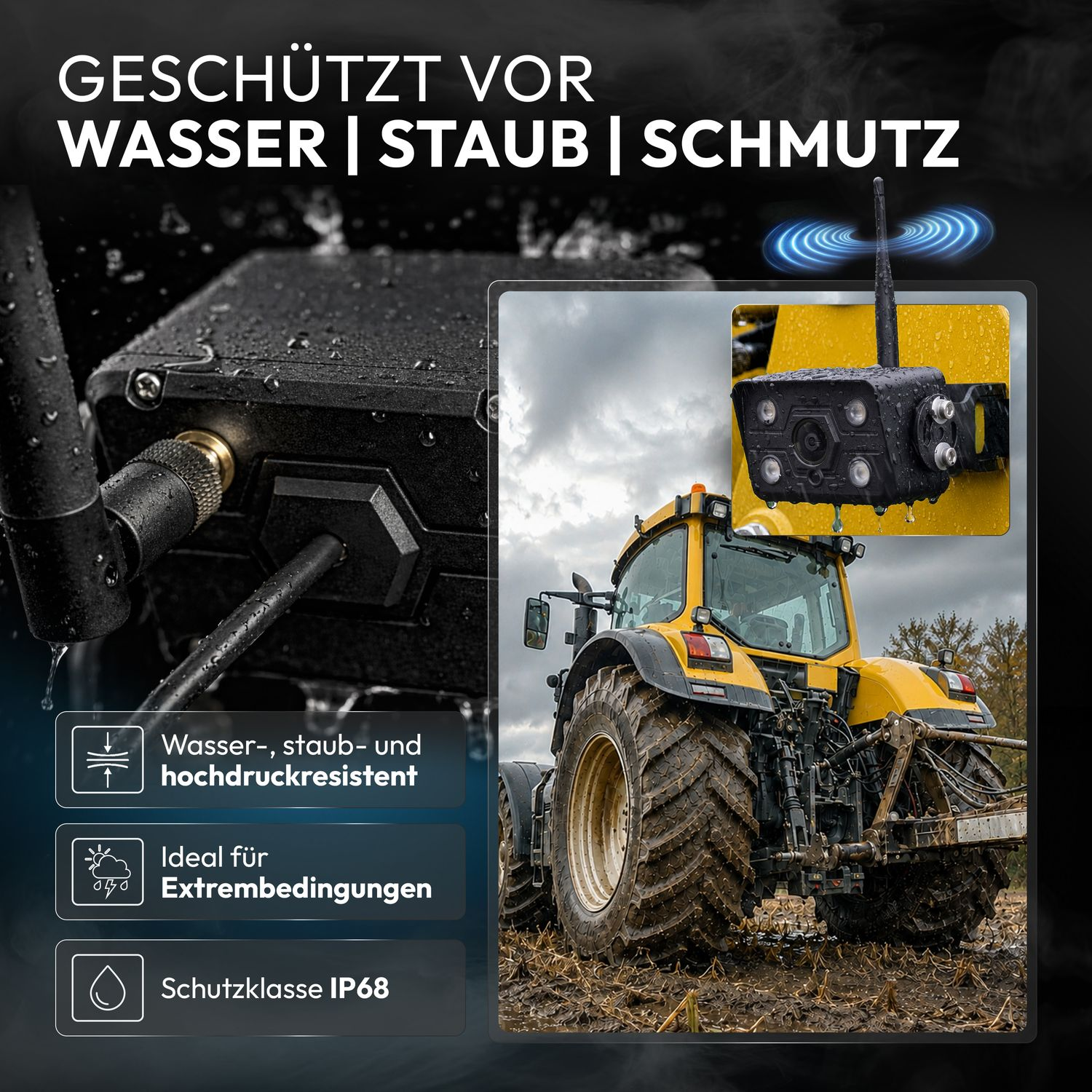 Robuste, wasserdichte Kamera mit Antenne an einem gelben Traktor im Schlamm.