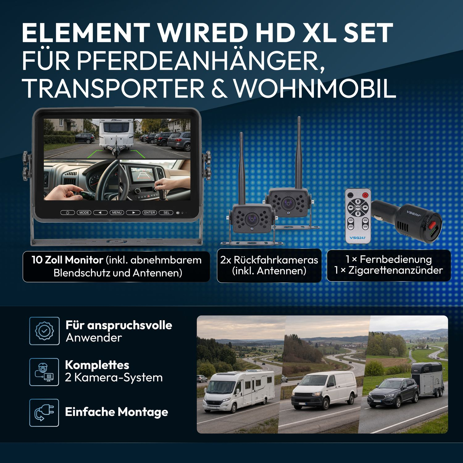 HD-Kamerasystem mit 10-Zoll-Monitor, zwei Rückfahrkameras, Fernbedienung und Adapter für Wohnmobile.