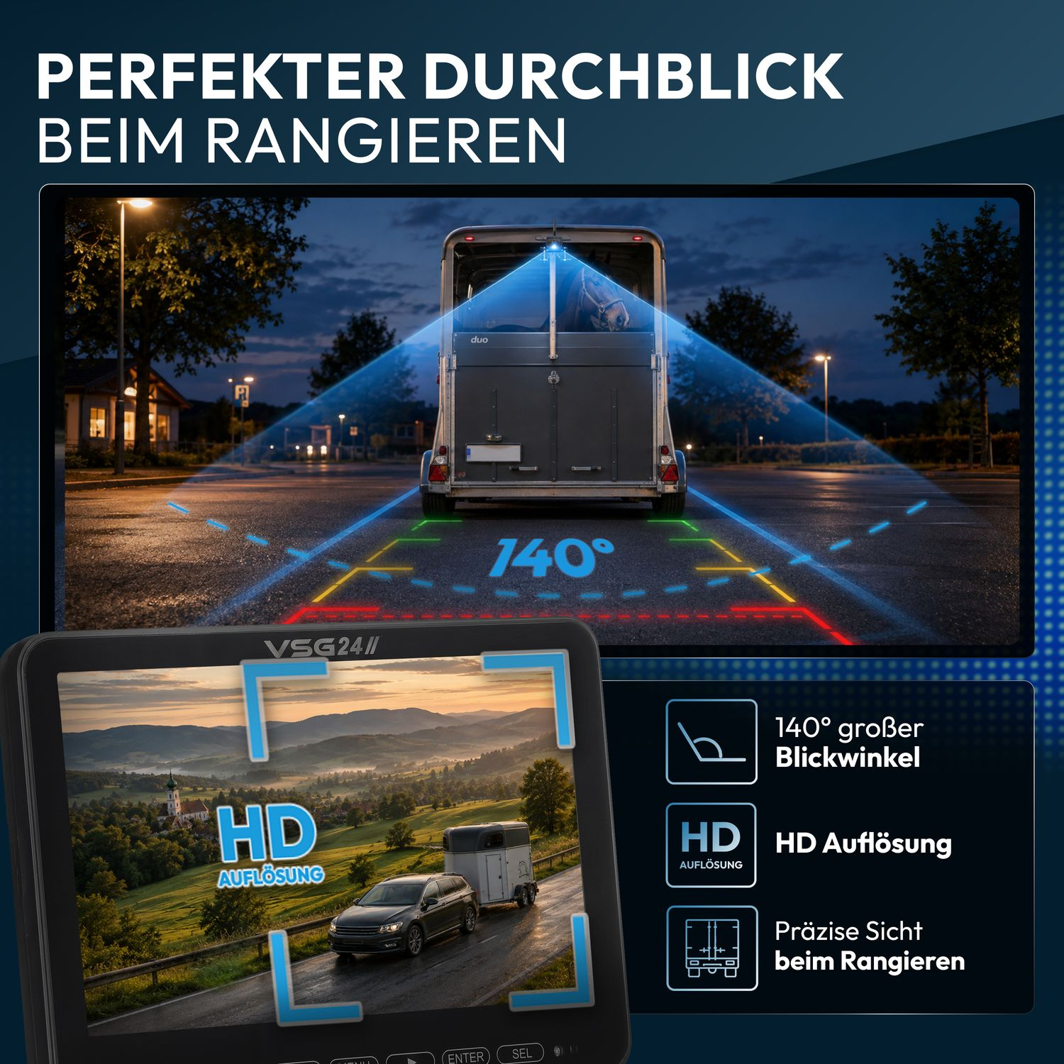 Rückfahrkamera mit 140 Grad Weitwinkel und HD-Auflösung zeigt ein Auto mit Anhänger bei Nacht und Tag.