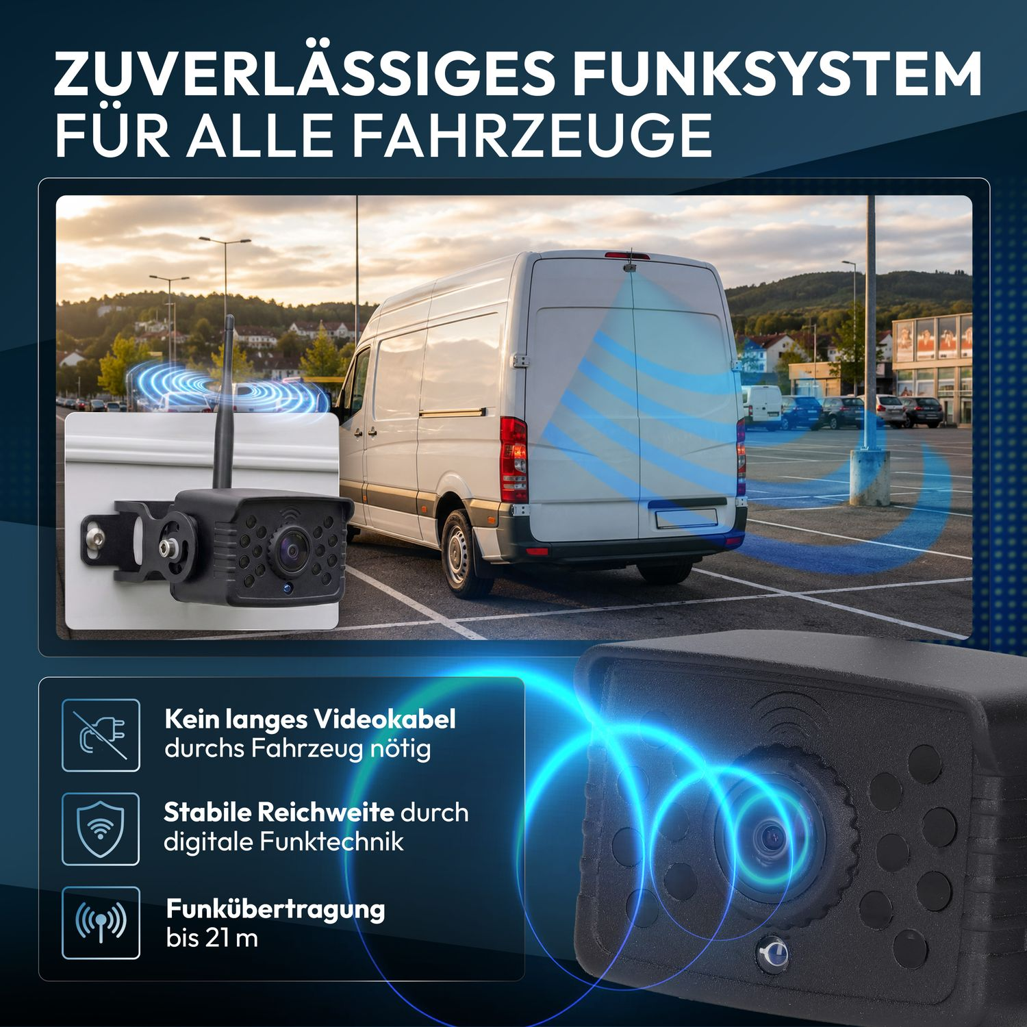 Zuverlässiges Funksystem für Fahrzeuge mit einer Rückfahrkamera und blauen Signalwellen.