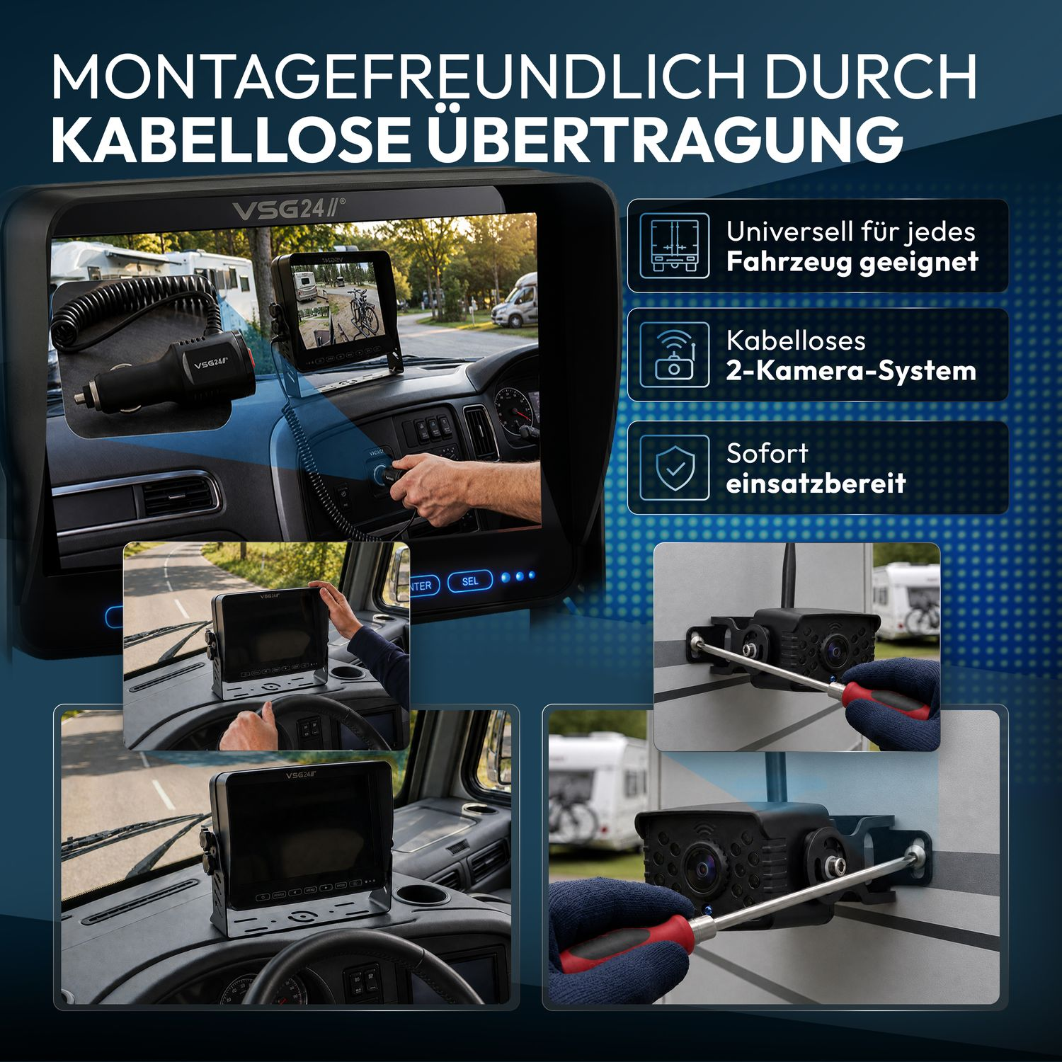 Produktwerbung für ein kabelloses VSG24 Kamerasystem mit Monitor und Montagebeispielen.
