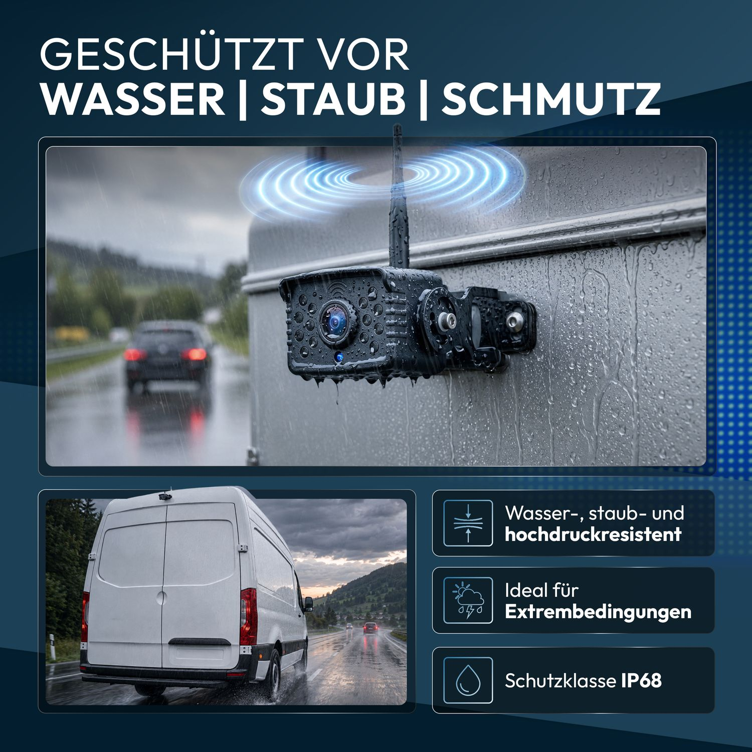 Wasserdichte Überwachungskamera an einem Fahrzeug bei Regen, mit Symbolen für Wasser-, Staub- und Hochdruckresistenz.