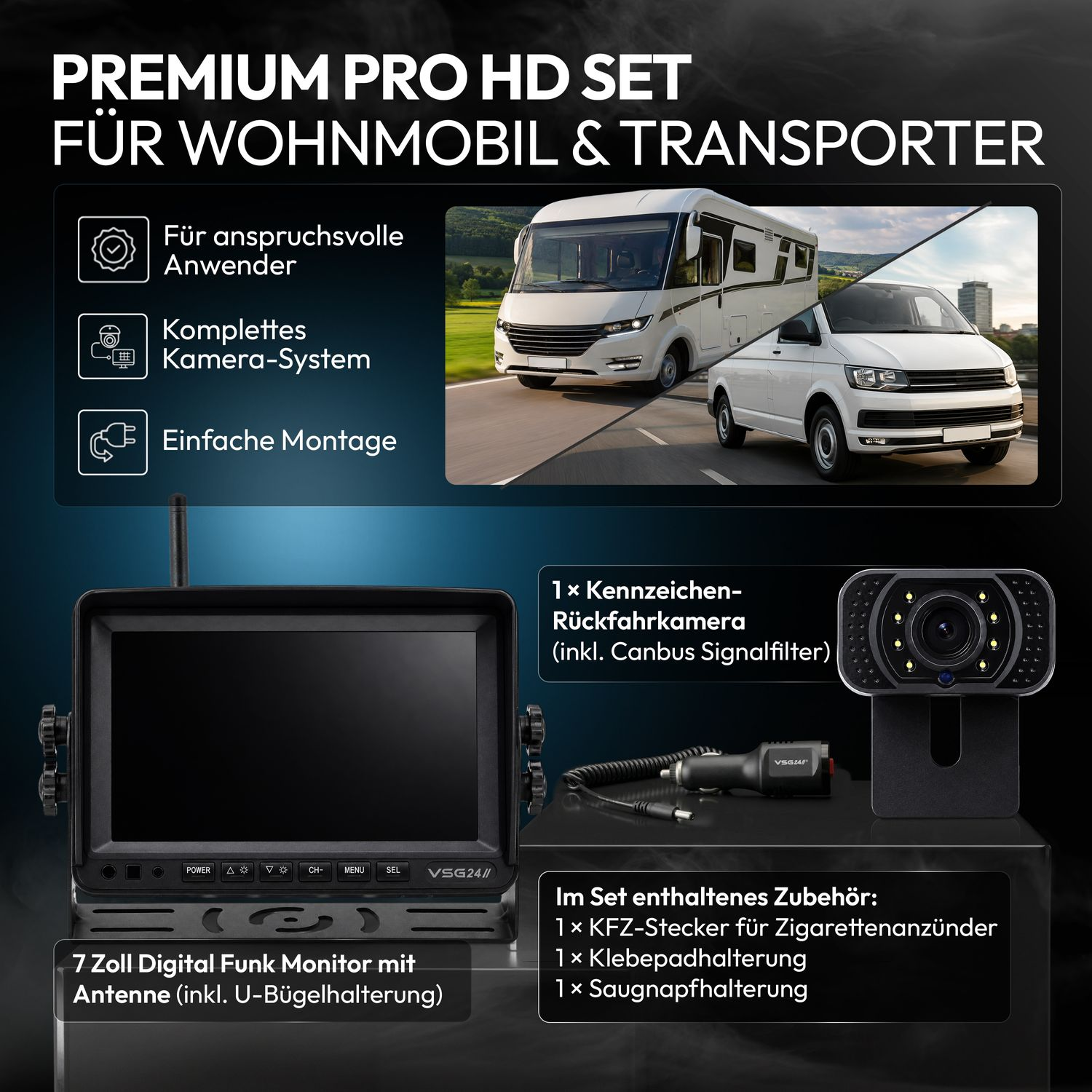 Premium Pro HD Set für Wohnmobil und Transporter mit Monitor, Kamera und Zubehör.