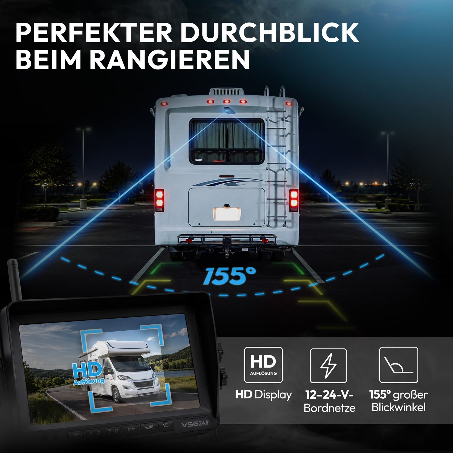 Rückansicht eines weißen Wohnmobils mit 155-Grad-Kamerawinkel und Monitor mit HD-Auflösung.