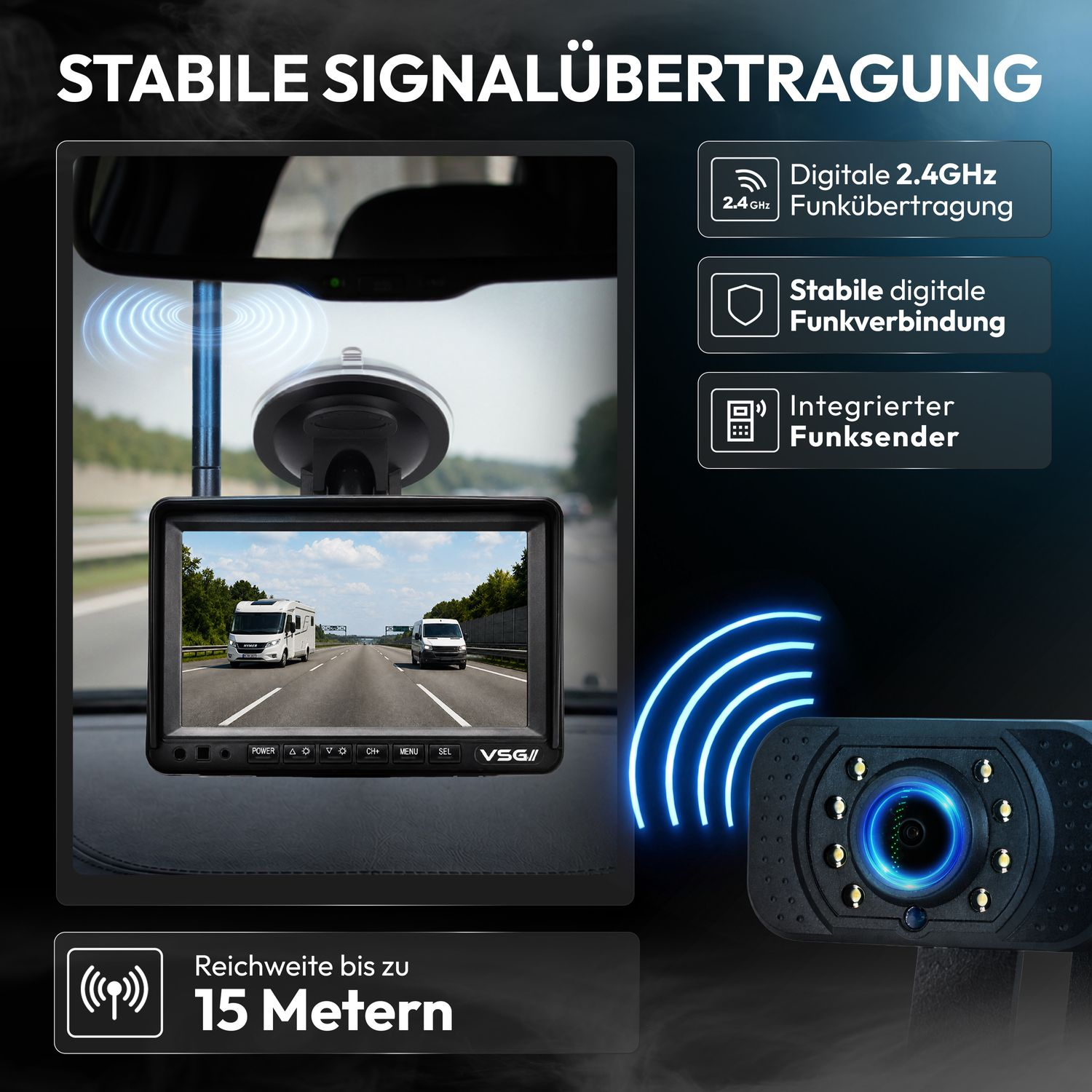 Digitale Funkübertragung für Rückfahrkamera mit Monitor im Auto und 15m Reichweite.
