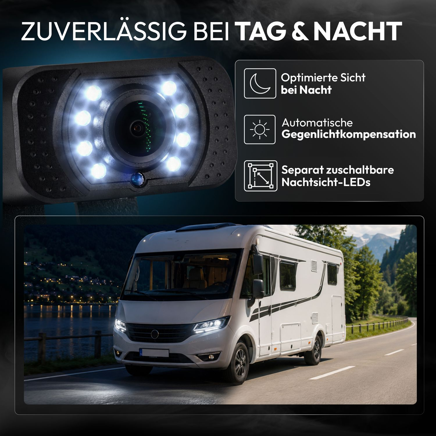 Eine Rückfahrkamera mit hellen LEDs und Icons zeigt nachts die klare Sicht für ein Wohnmobil auf der Straße.