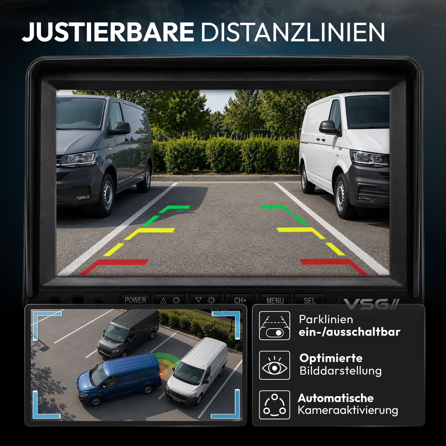 Rückfahrkamera-Monitor mit verstellbaren Parklinien, kleiner Draufsicht und Funktionssymbolen.