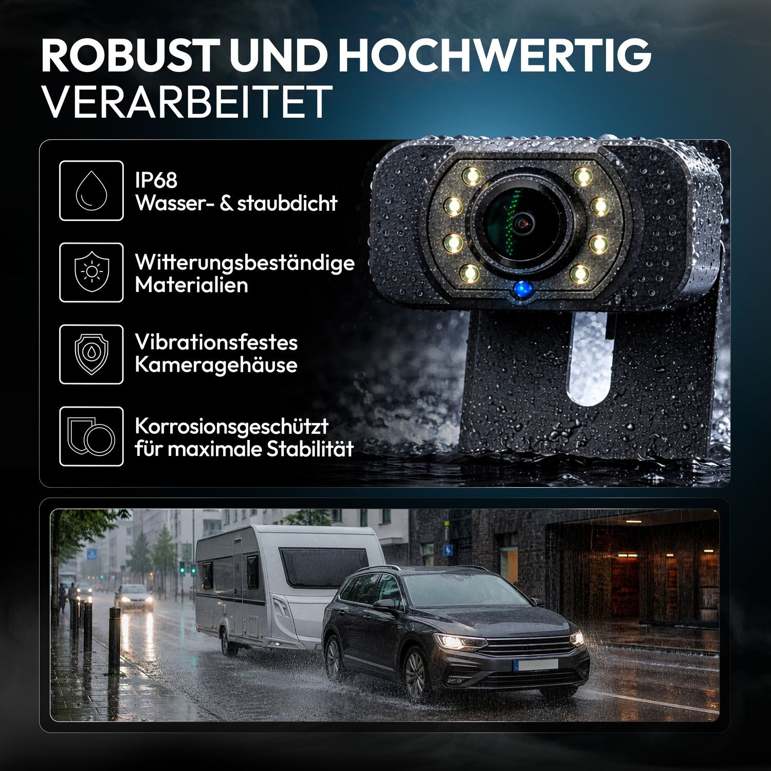 Wasserdichte Rückfahrkamera und ein graues Auto mit Wohnwagen im Regen.