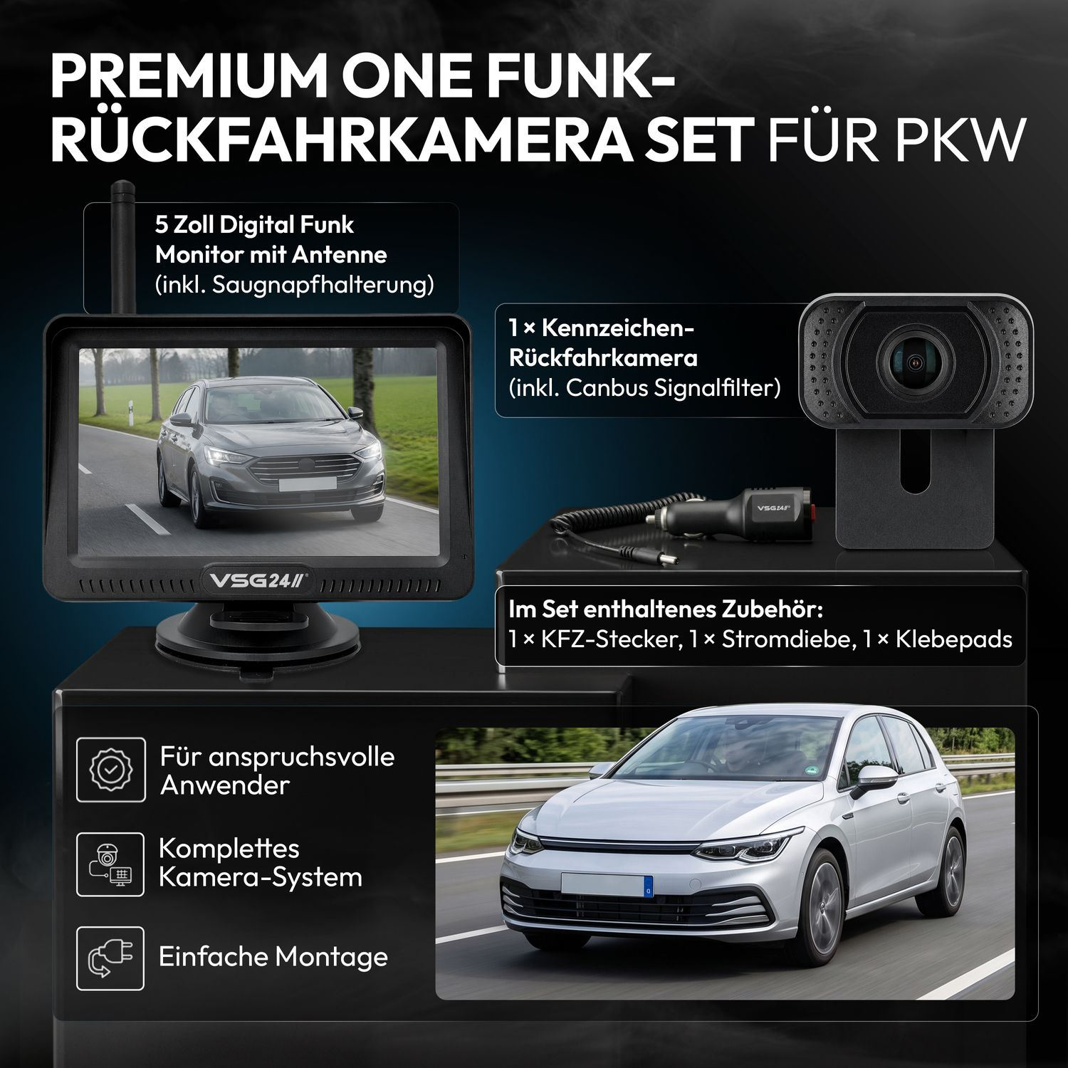 Kabelloses Rückfahrkamerasystem für Autos mit 5-Zoll-Monitor, Kamera, Stecker und Zubehör.