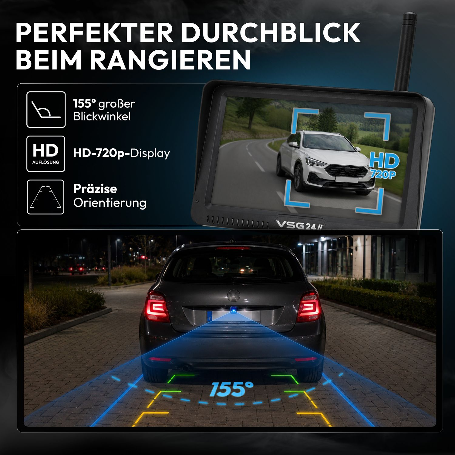 Rückfahrkamera-System mit Monitor, der ein Auto auf der Straße zeigt, und Ansicht hinten am Auto bei Nacht.