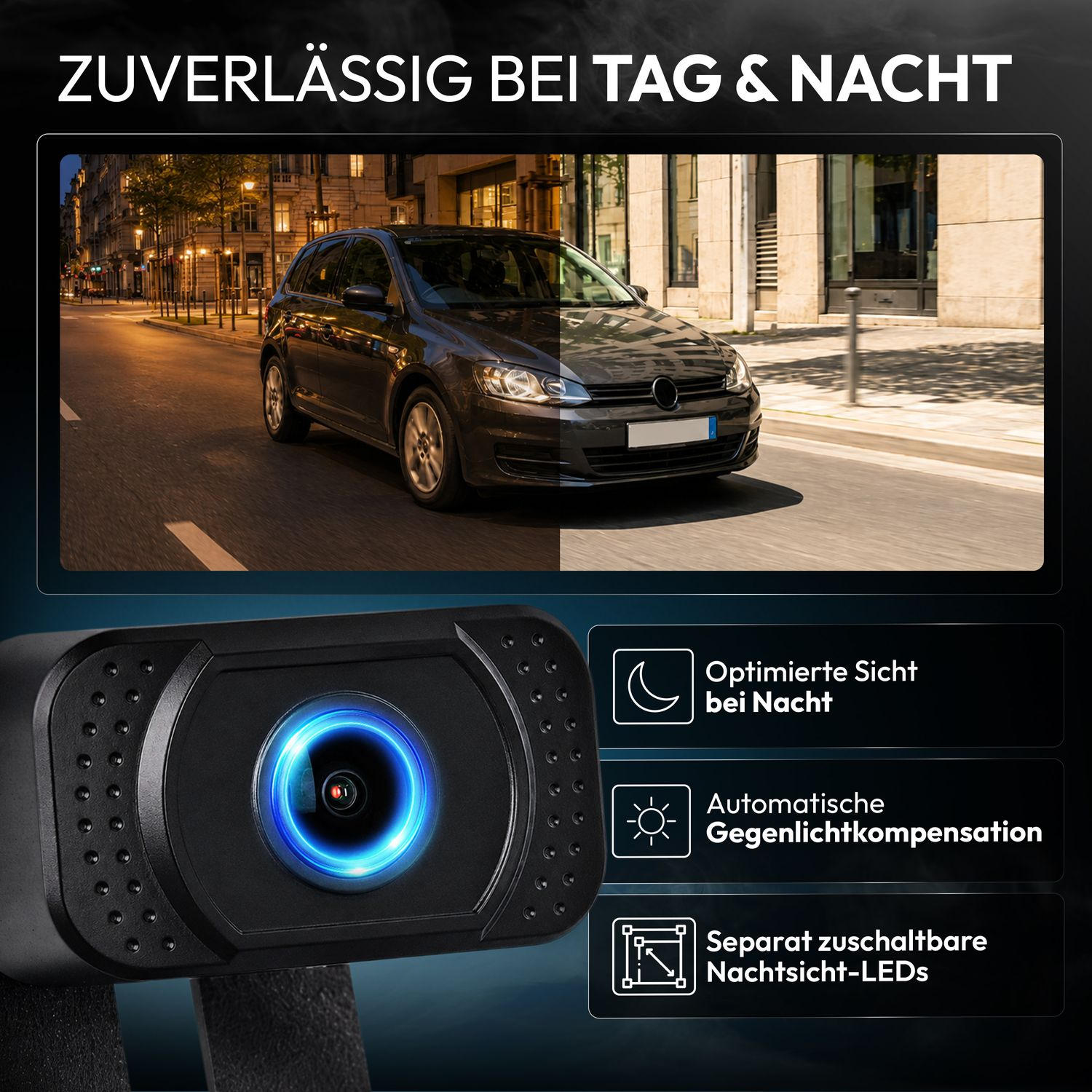 Dashcam mit blauer LED und geteiltem Bild für Tag- und Nachtsicht auf der Straße.