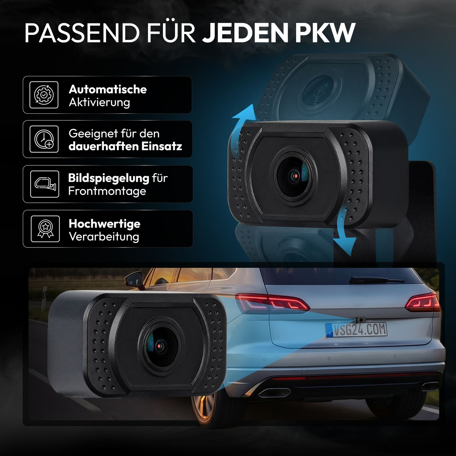 Rückfahrkamera für PKW mit Features wie automatischer Aktivierung und Bildspiegelung.