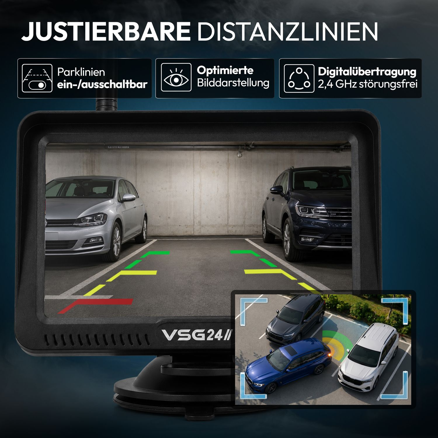 Ein Monitor zeigt eine Parkkameraansicht mit farbigen Hilfslinien zwischen zwei Autos.