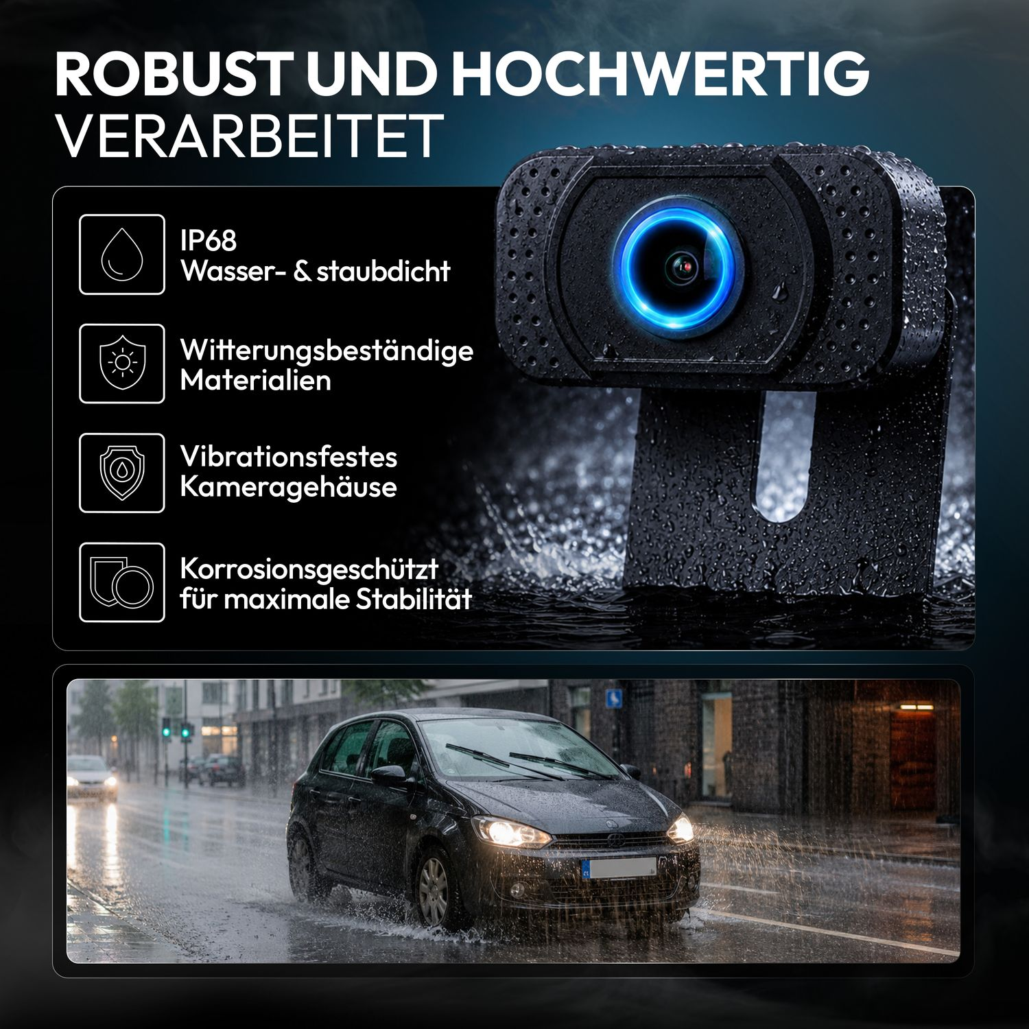 Wasserdichte Kamera mit IP68, witterungsbeständig und vibrationsfest für maximale Stabilität im Regen.