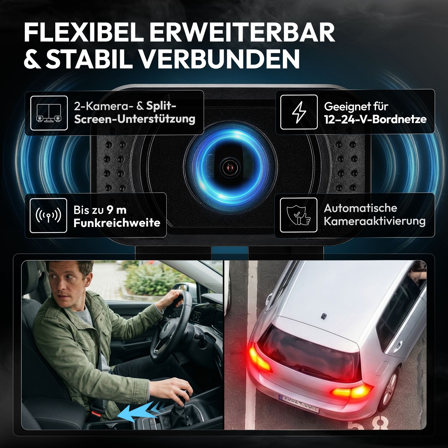 Rückfahrkamera mit Bildschirm, WLAN, Nachtsicht und automatischer Aktivierung für Autos.