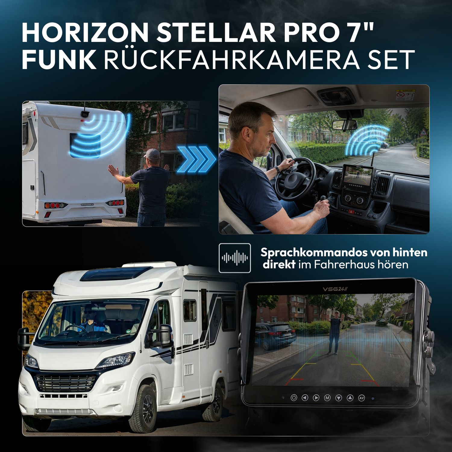 Horizon Stellar Pro 7 Zoll Funk-Rückfahrkamera Set mit Monitor und Audiowiedergabe im Wohnmobil.