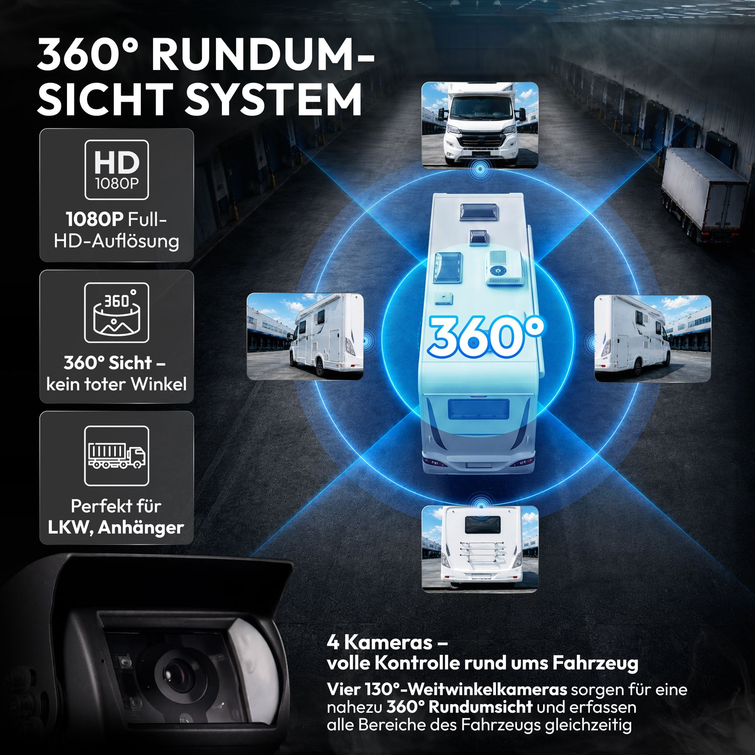 Infografik zum 360-Grad-Rundum-Sichtsystem für Wohnmobile mit vier Kameras und HD-Auflösung.