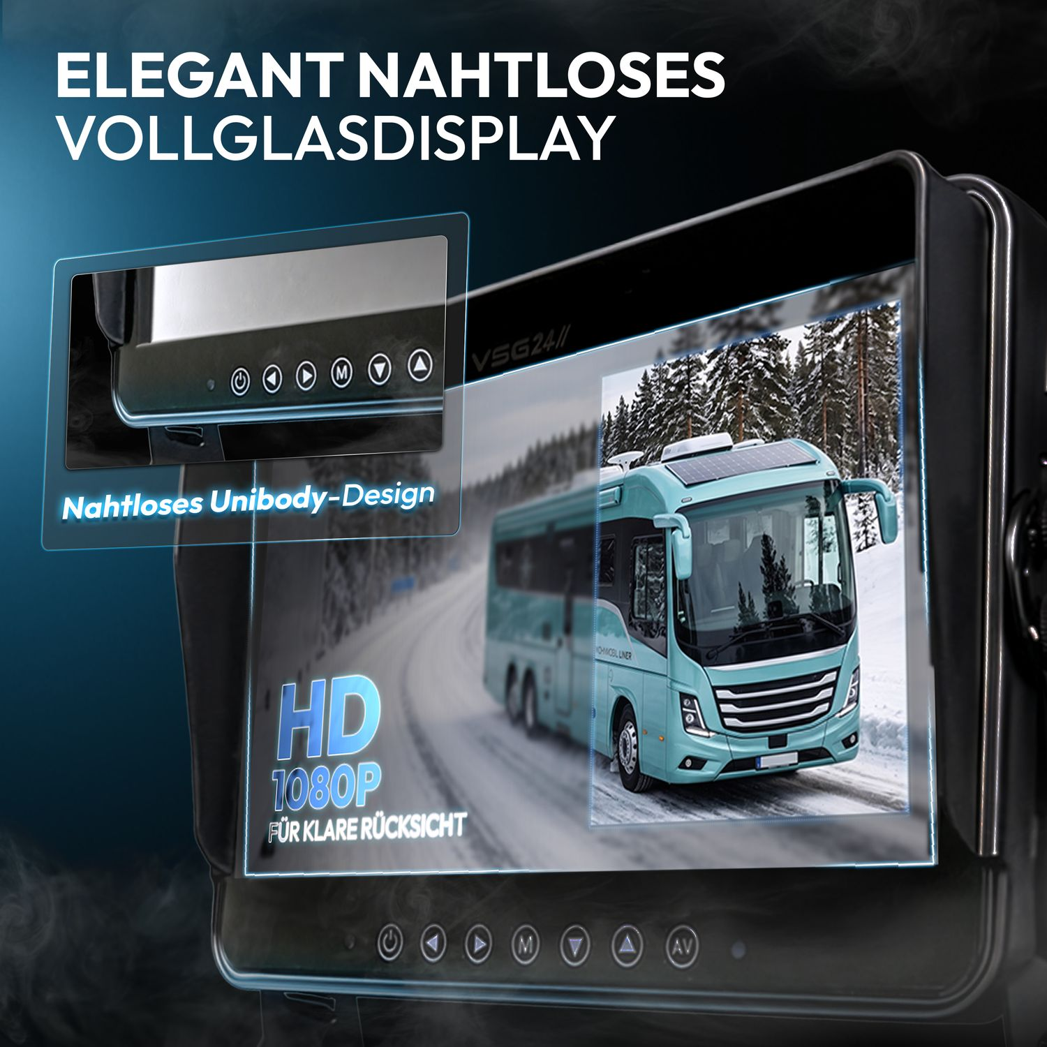 Ein HD 1080P Rückfahrkamera-Monitor zeigt einen blauen Bus auf schneebedeckter Straße.