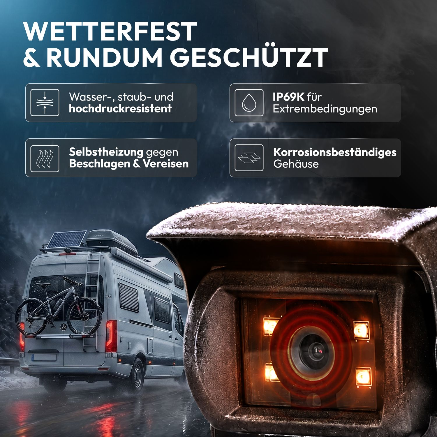 Wetterfeste Kamera im Vordergrund, im Hintergrund ein Wohnmobil im Regen.