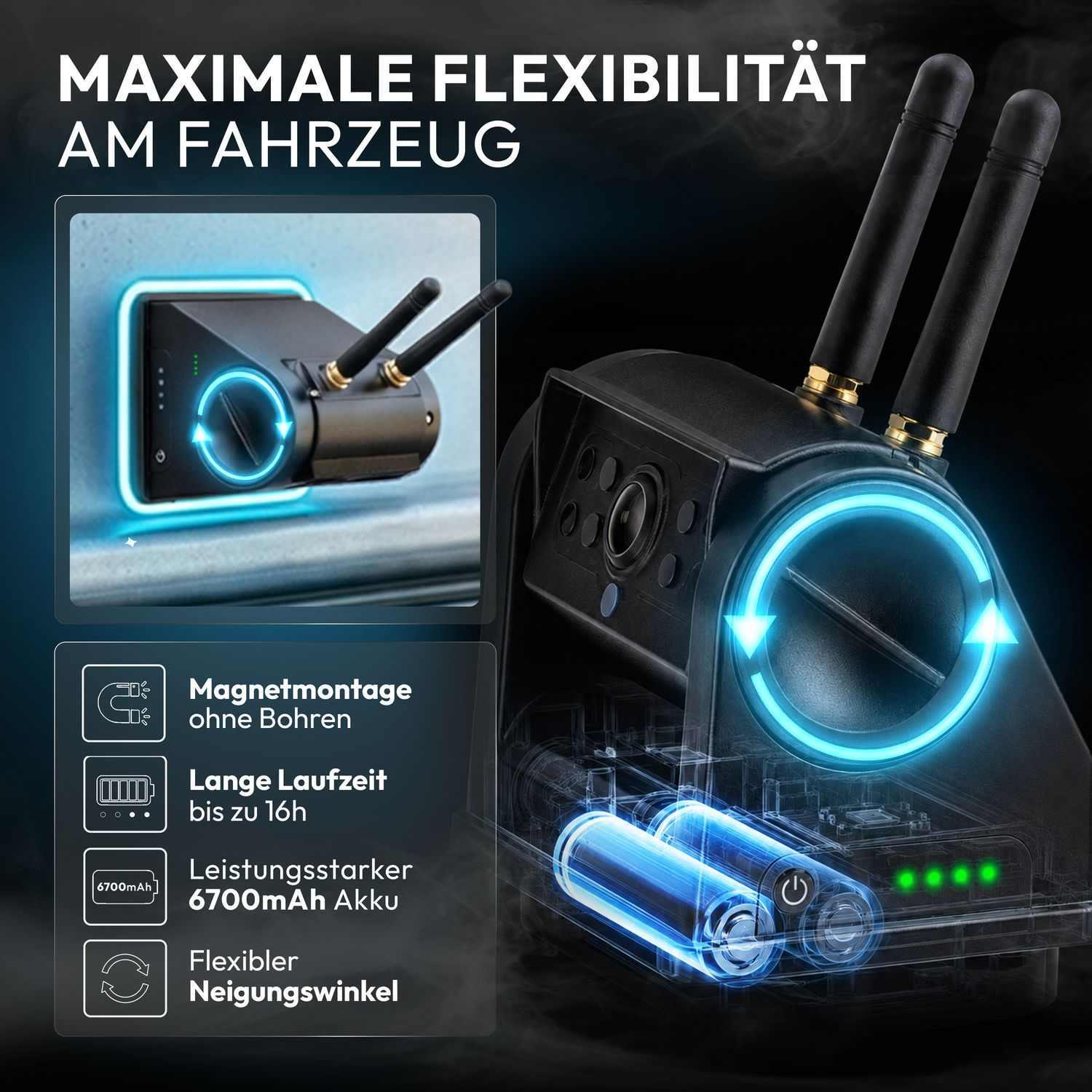 Produktwerbung für eine drahtlose Fahrzeugkamera mit Magnet, zwei Antennen und integriertem Akku.