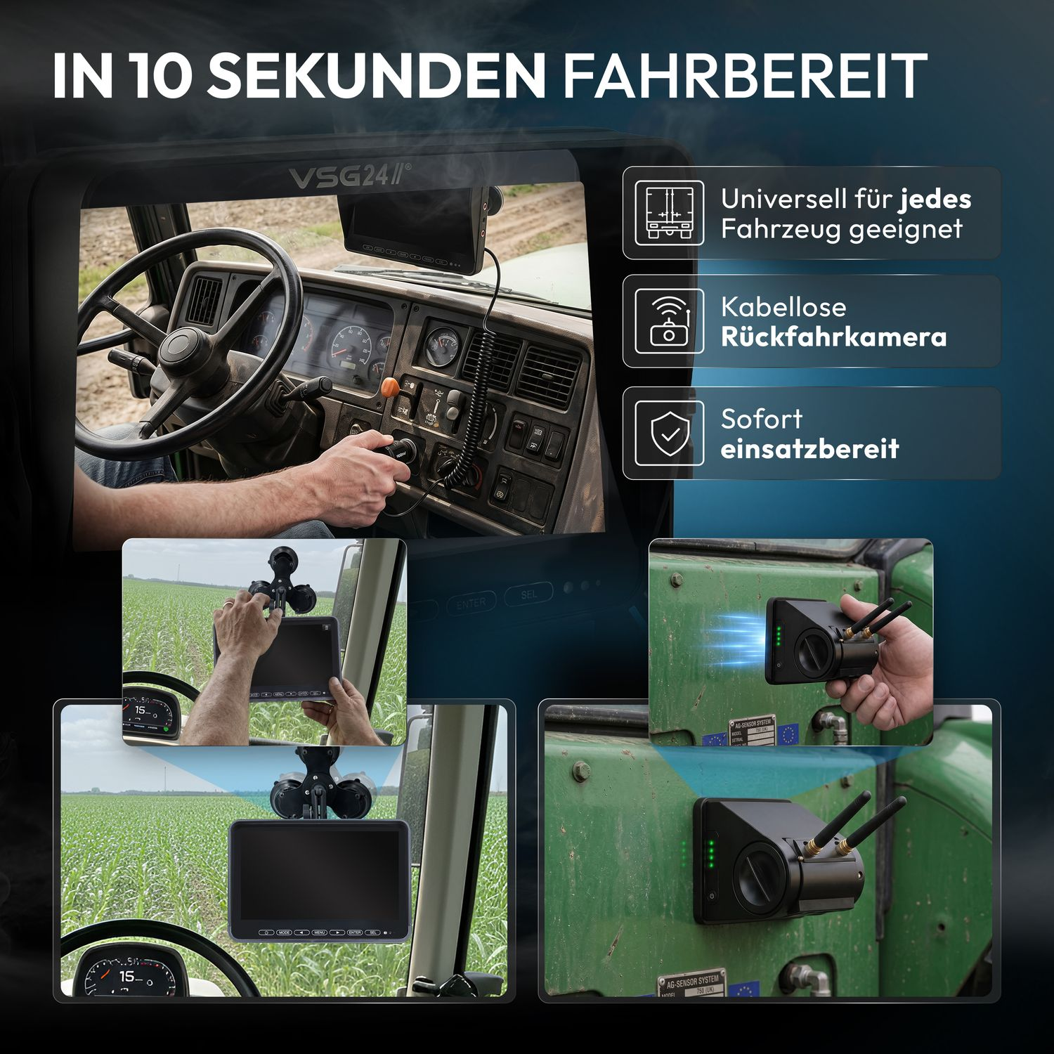 Werbebild für eine kabellose Rückfahrkamera im Traktor mit Monitor und einfacher Montage.