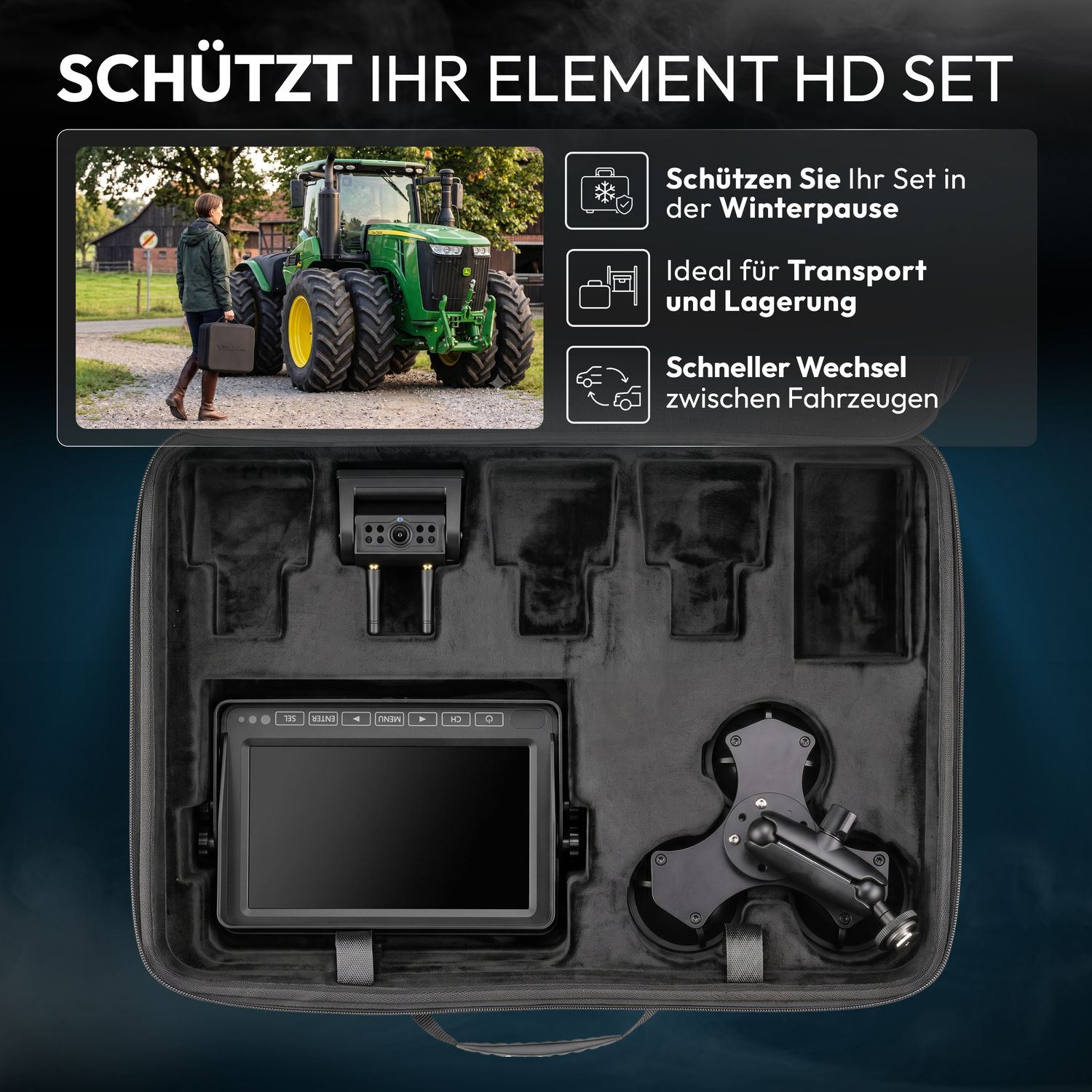 Ein offener schwarzer Koffer mit Monitor, Kamera und Halterung vor Traktor und Text.