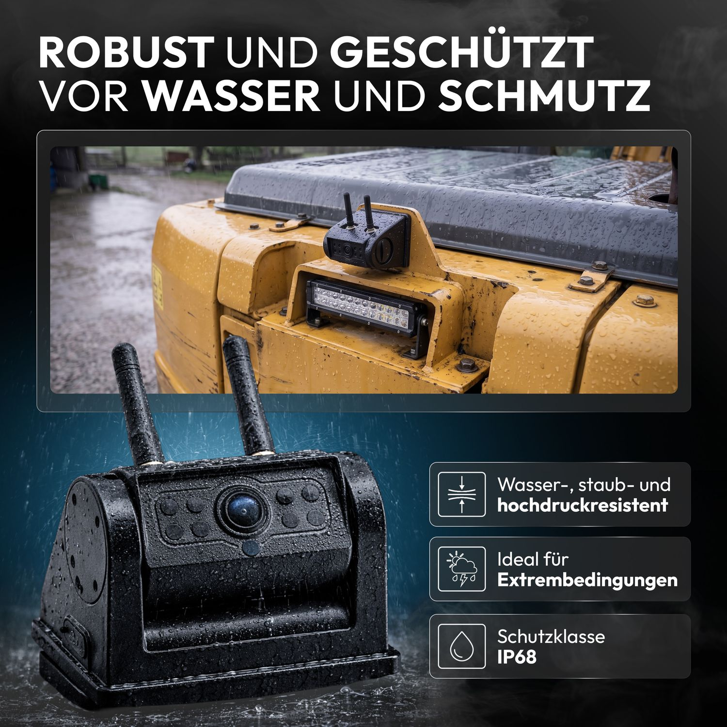 Wasserdichte und robuste Kamera für Baustellenfahrzeuge im Regen.