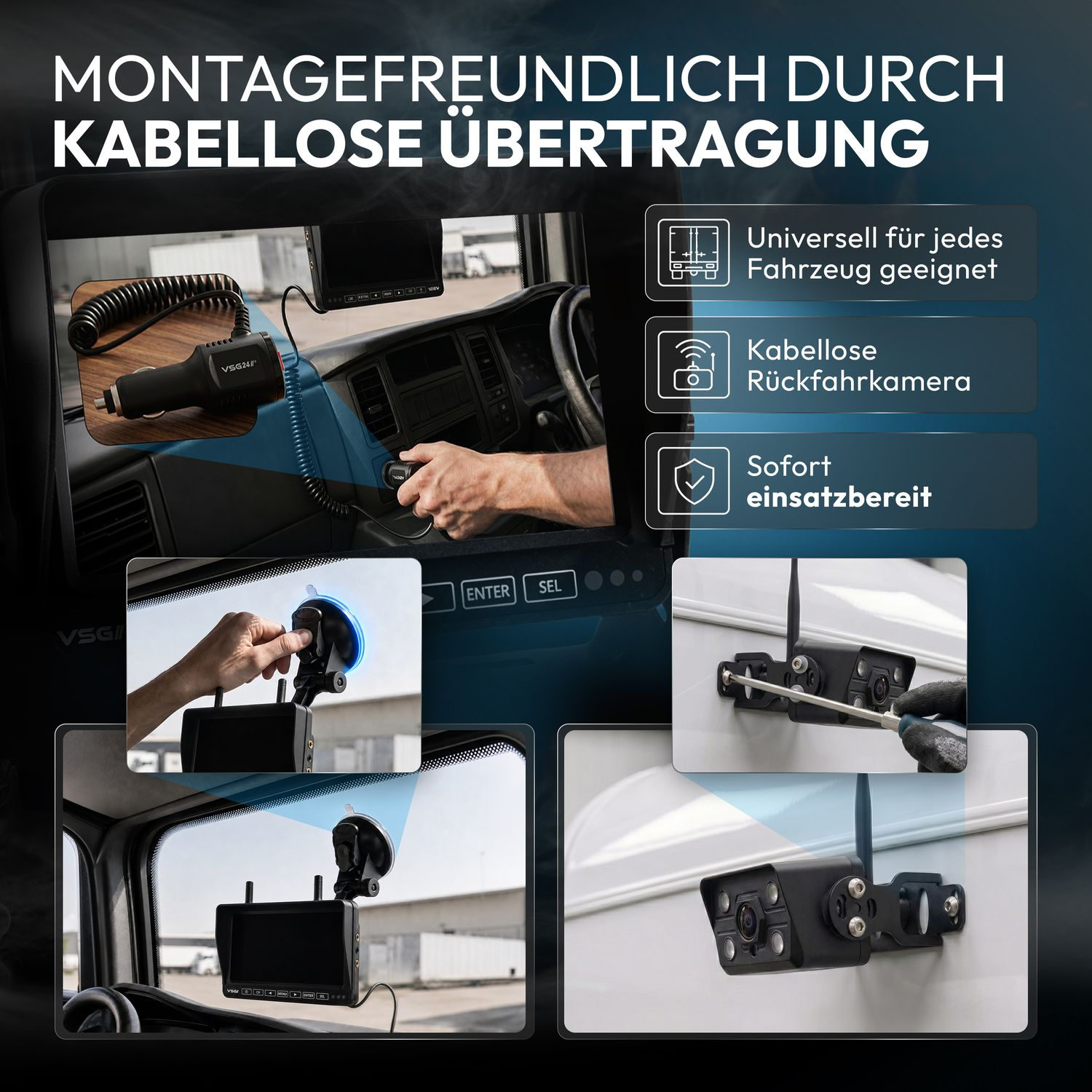 Infografik zeigt die Montage einer kabellosen Rückfahrkamera mit Monitor in einem Lkw.