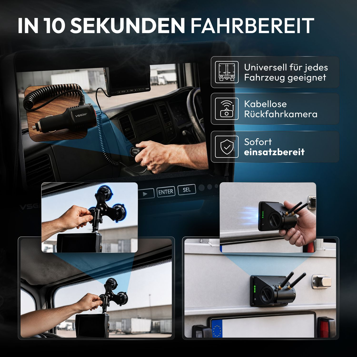 Werbebild für eine kabellose Rückfahrkamera mit Monitor, Saugnapfhalterung und Zigarettenanzünder-Adapter.