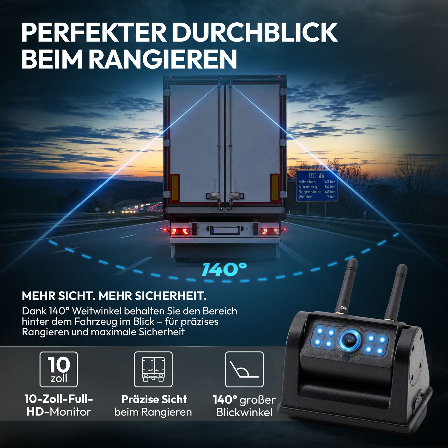 Eine Rückfahrkamera zeigt eine 140-Grad-Weitwinkelansicht hinter einem Lkw auf einer Autobahn bei Sonnenuntergang.