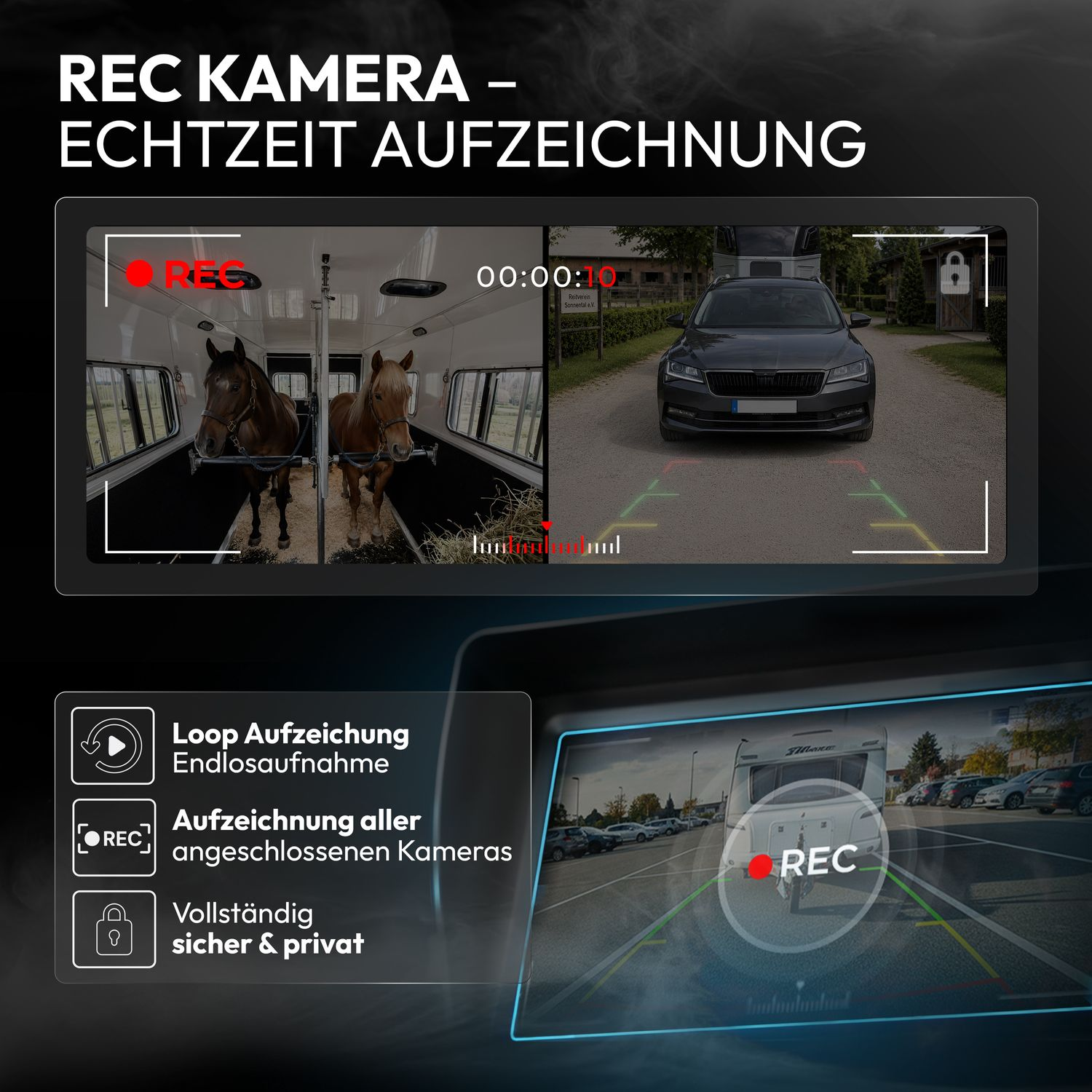 Display zeigt zwei Kamerabilder von Pferden im Hänger und einem Auto vorwärts, sowie Park- und Aufnahmeoptionen.