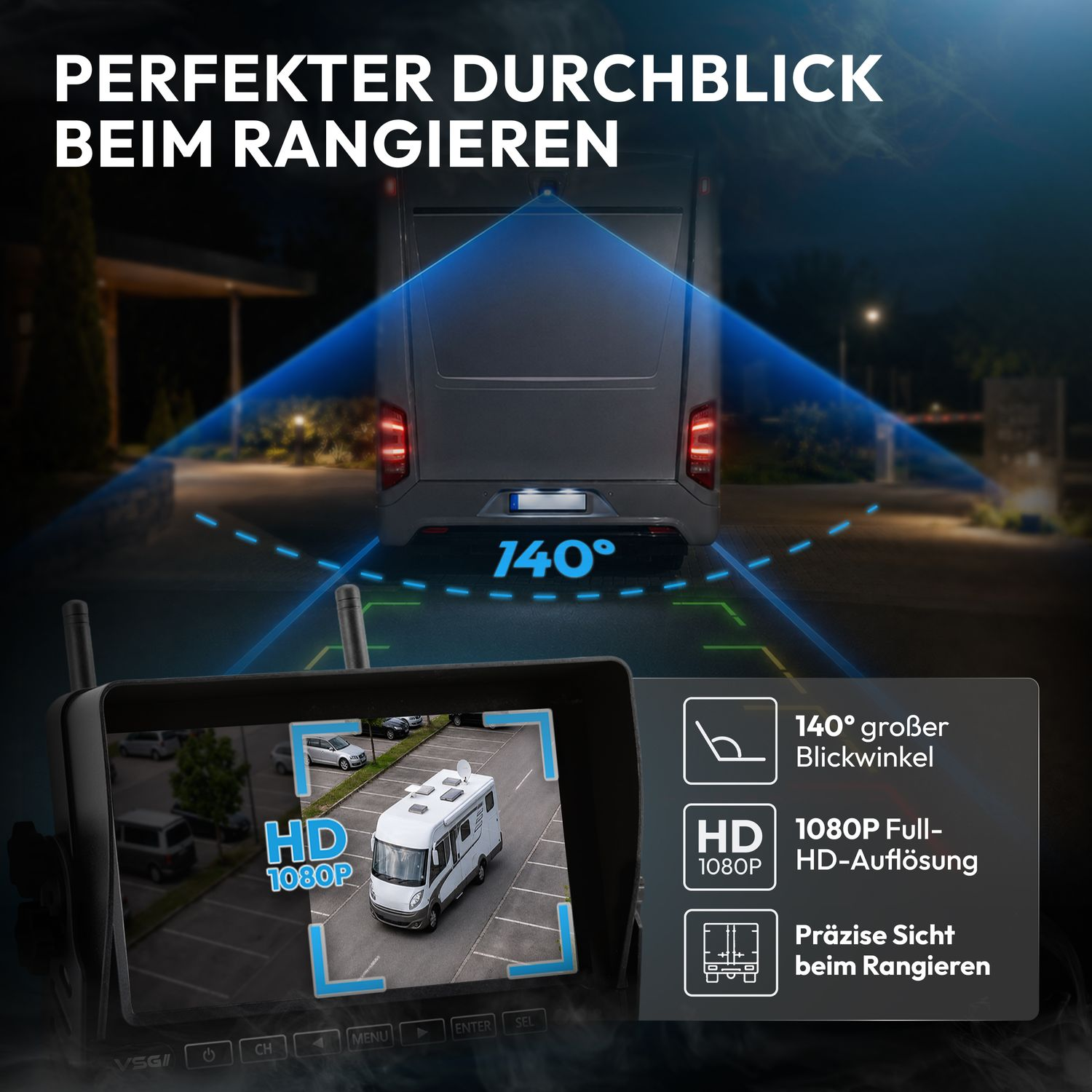Rückfahrkamera für Wohnmobile mit 140 Grad Blickwinkel und Full HD Monitor.
