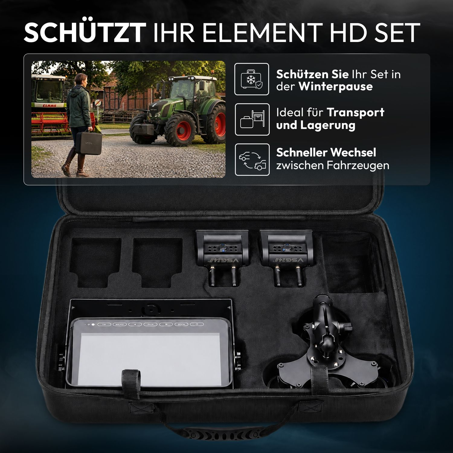 Ein Set für landwirtschaftliche Überwachungskameras im Transportkoffer mit Monitor, Kameras und Zubehör.